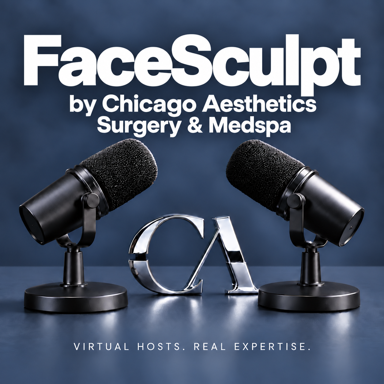 FaceSculpt by Chicago Aesthetics Surgery & Medspa podcast cover: two black microphones with polished CA letters in a slate-blue studio