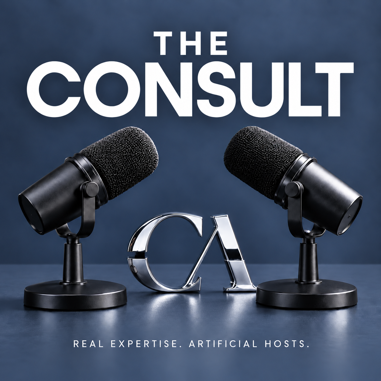 The Consult podcast cover: two black microphones with polished CA letters in a slate-blue studio